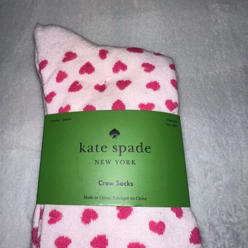 Kate Spade Valentines Day Set of 3 Crew Socks Pink Heart Patterns Womens NWT